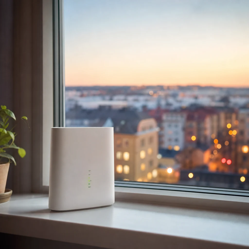 5G-router på fönsterbräda mot stadsutsikt i kvällsljus