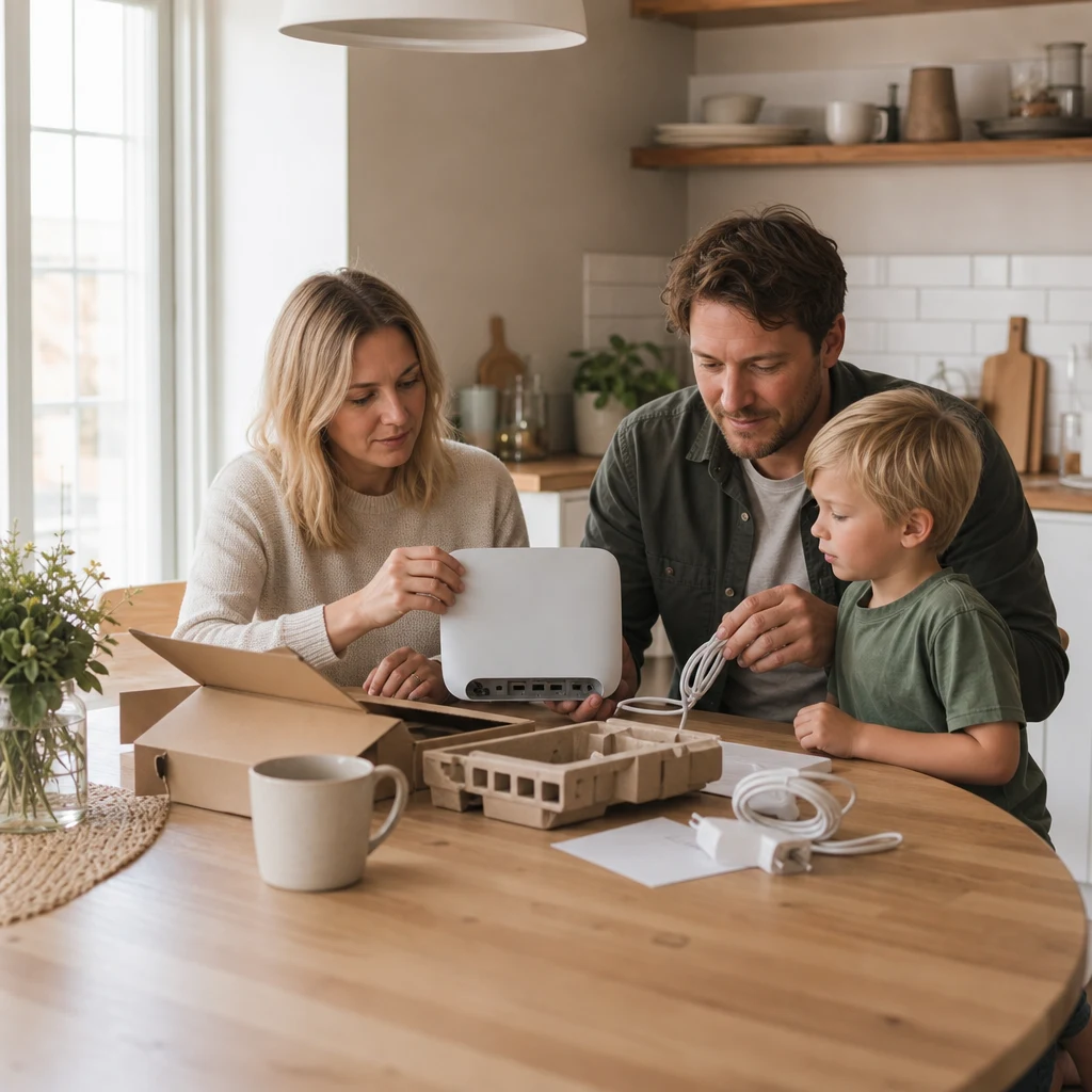 Familj packar upp 5G-router på köksbordet