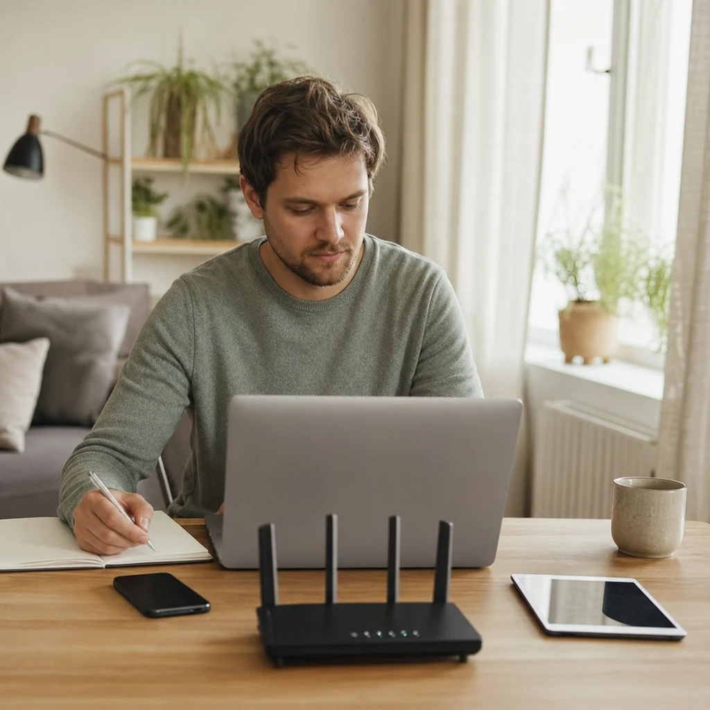 Yngre i lägenhet med router och anslutna enheter