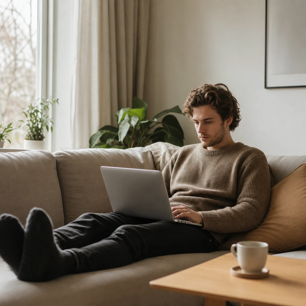 Yngre vuxen surfar avslappnat på laptop i lägenhet