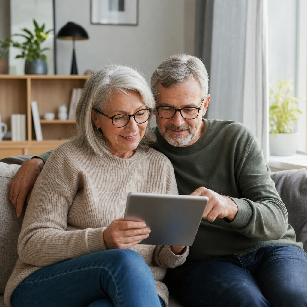 Pensionärspar med iPad i hemmiljö