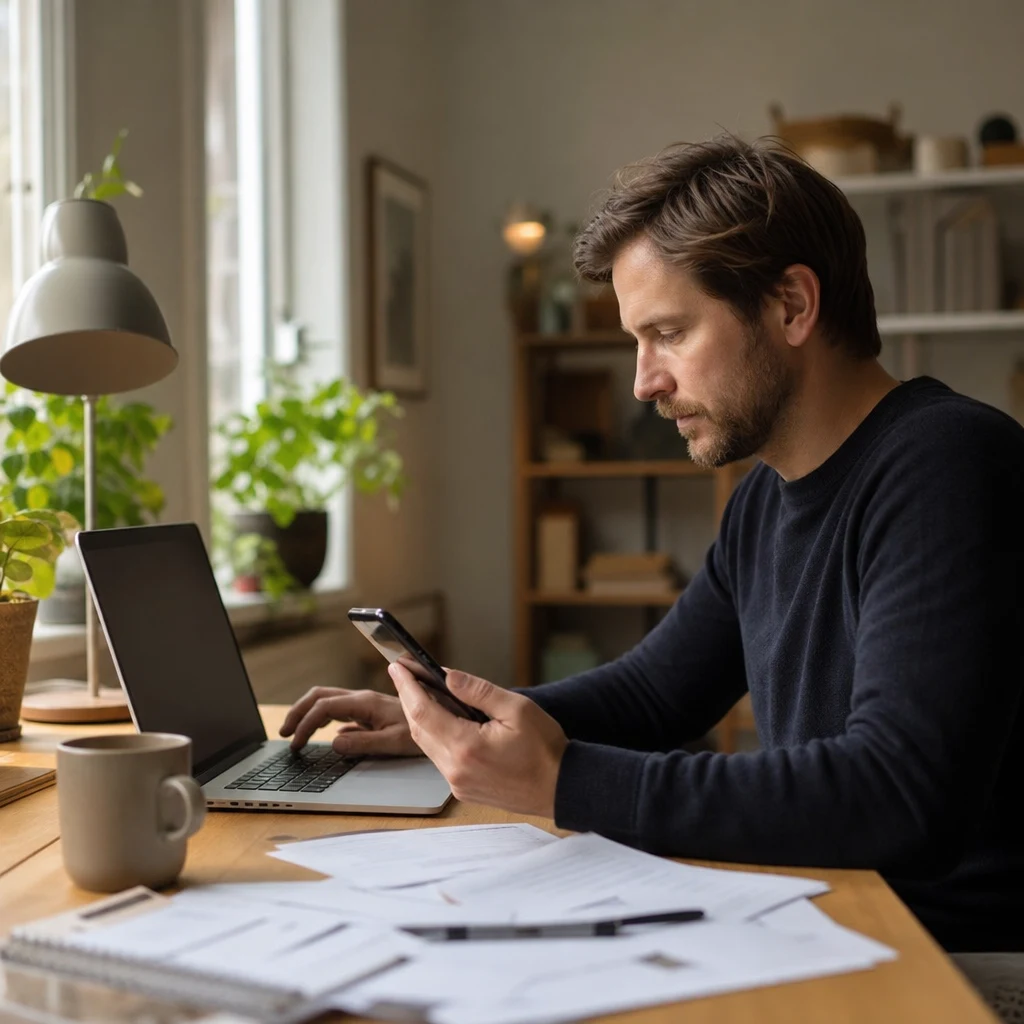 Skrivbord med papper och laptop vid operatörsbyte