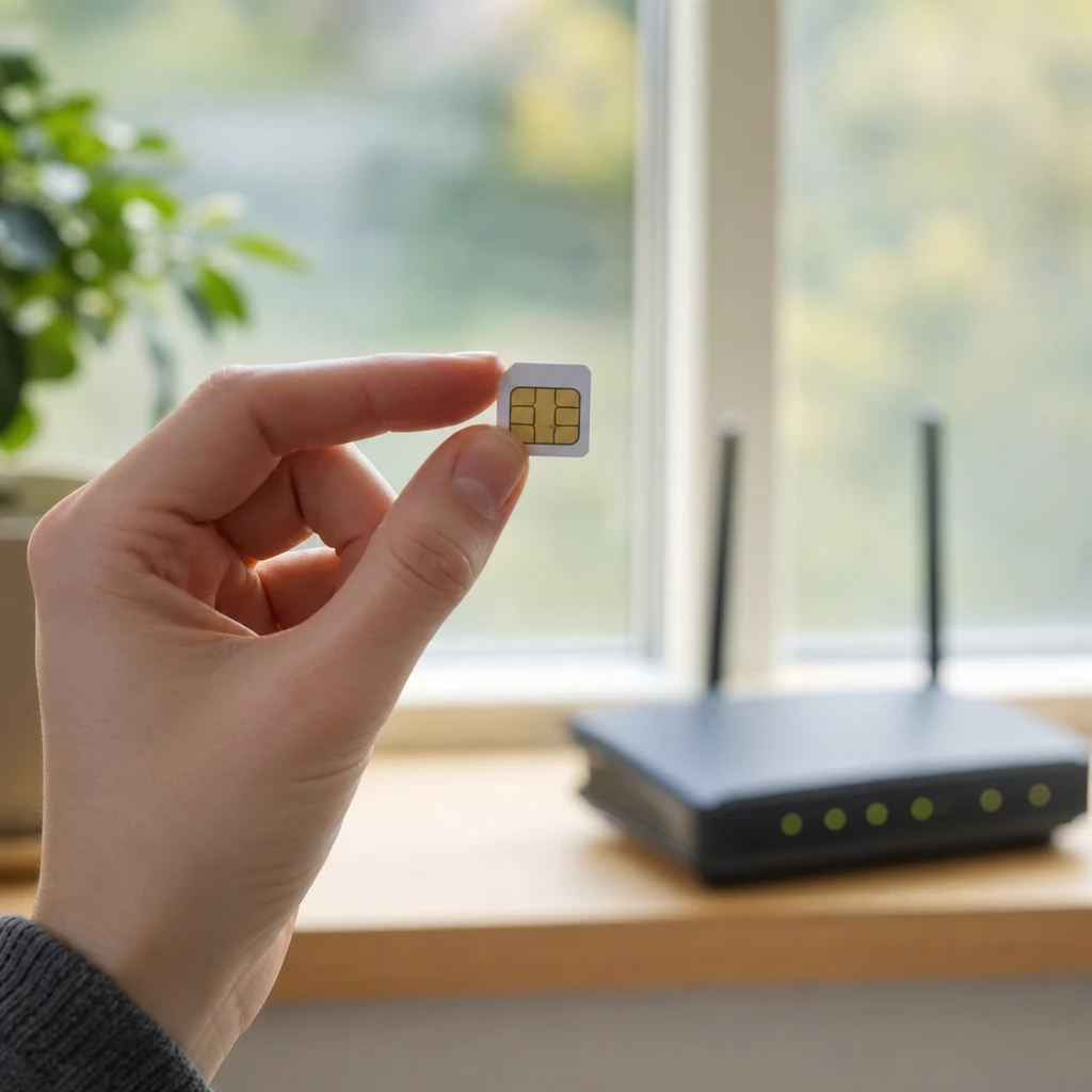 Hand som håller upp SIM-kort framför router