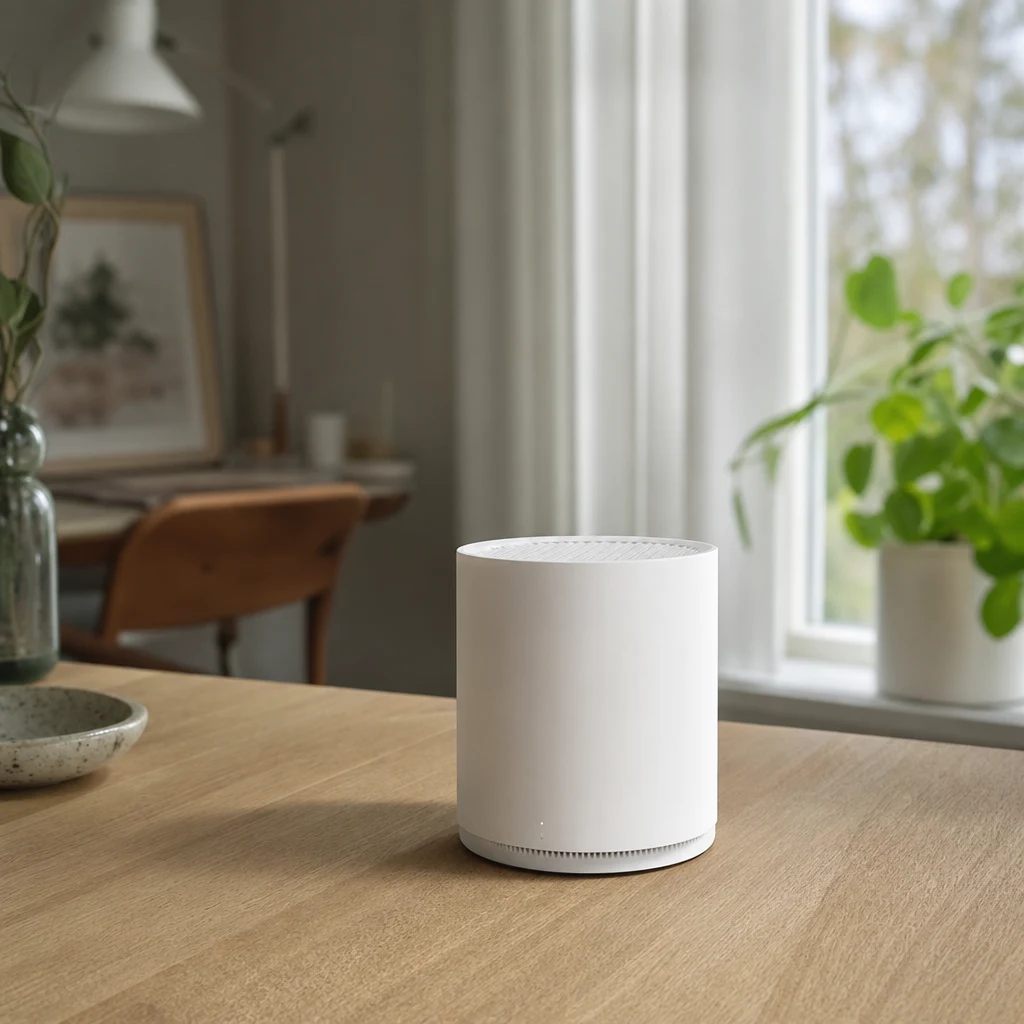 Vit cylindrisk 5G-router på skrivbord