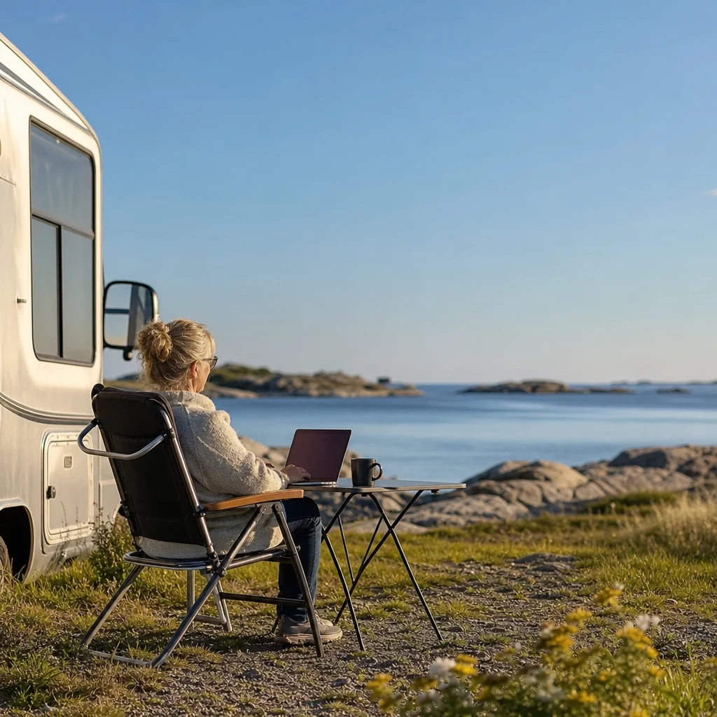Husbil vid svensk kust med laptop