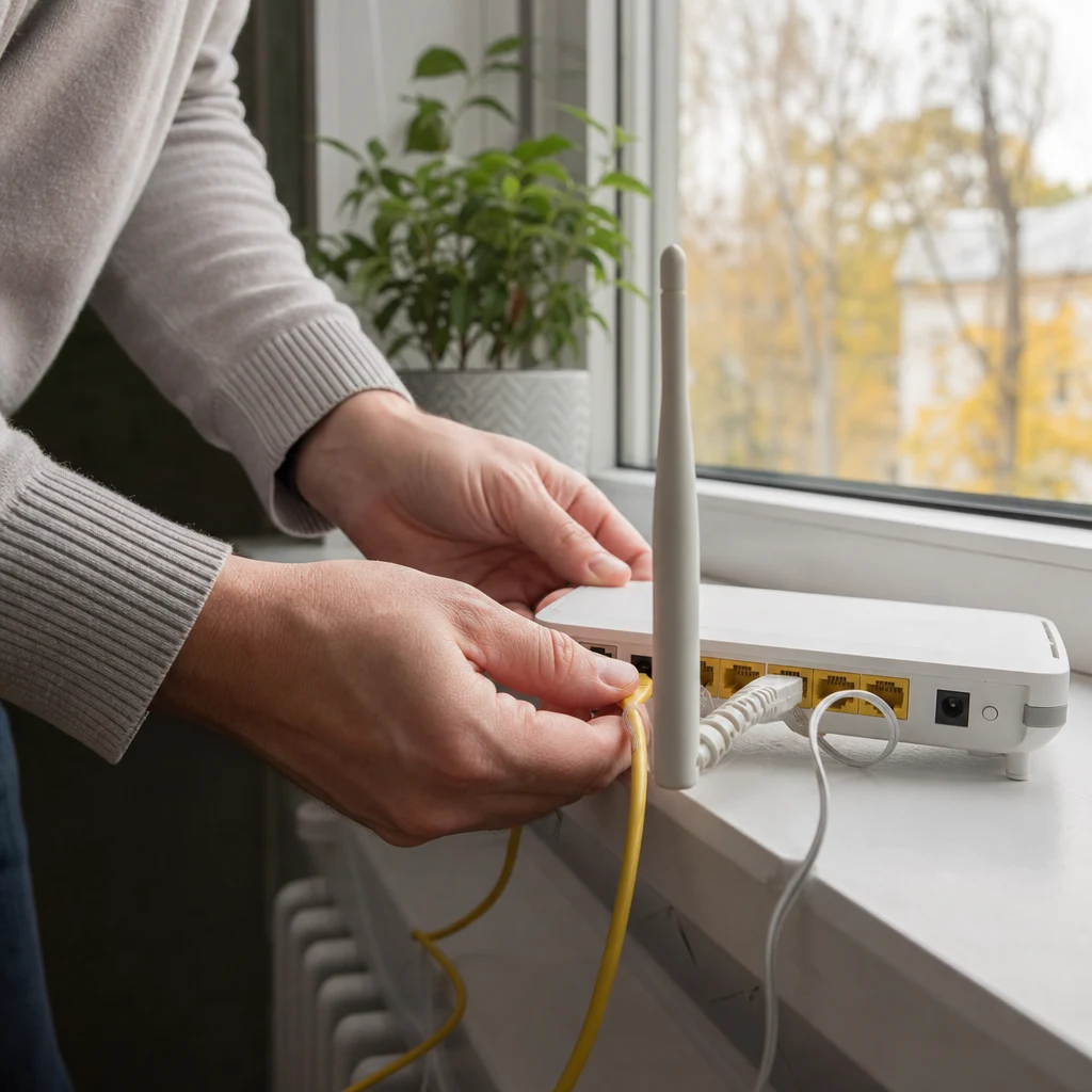 Händer som installerar 5G-router i fönsterbräda