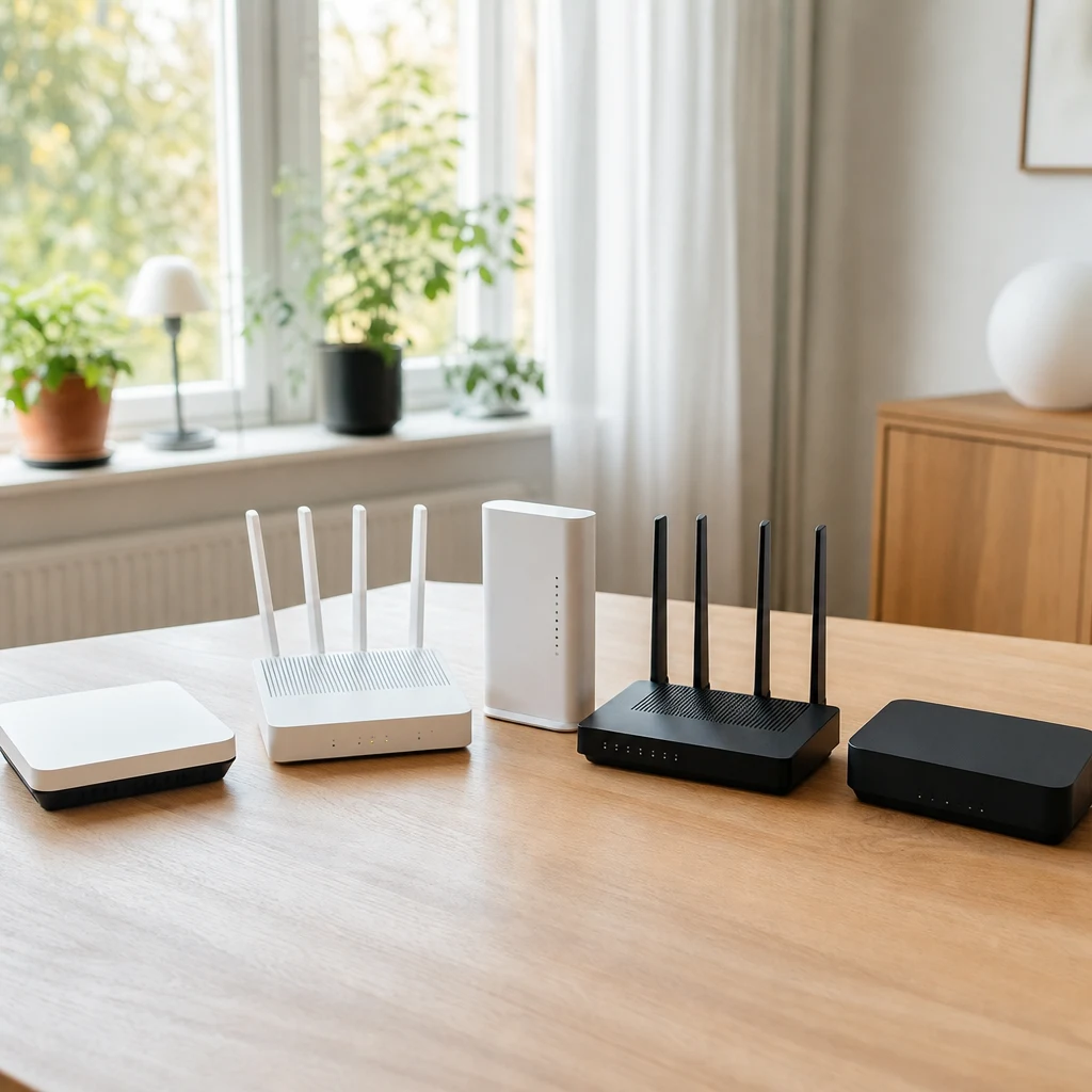 Flera olika 5G-routermodeller bredvid varandra