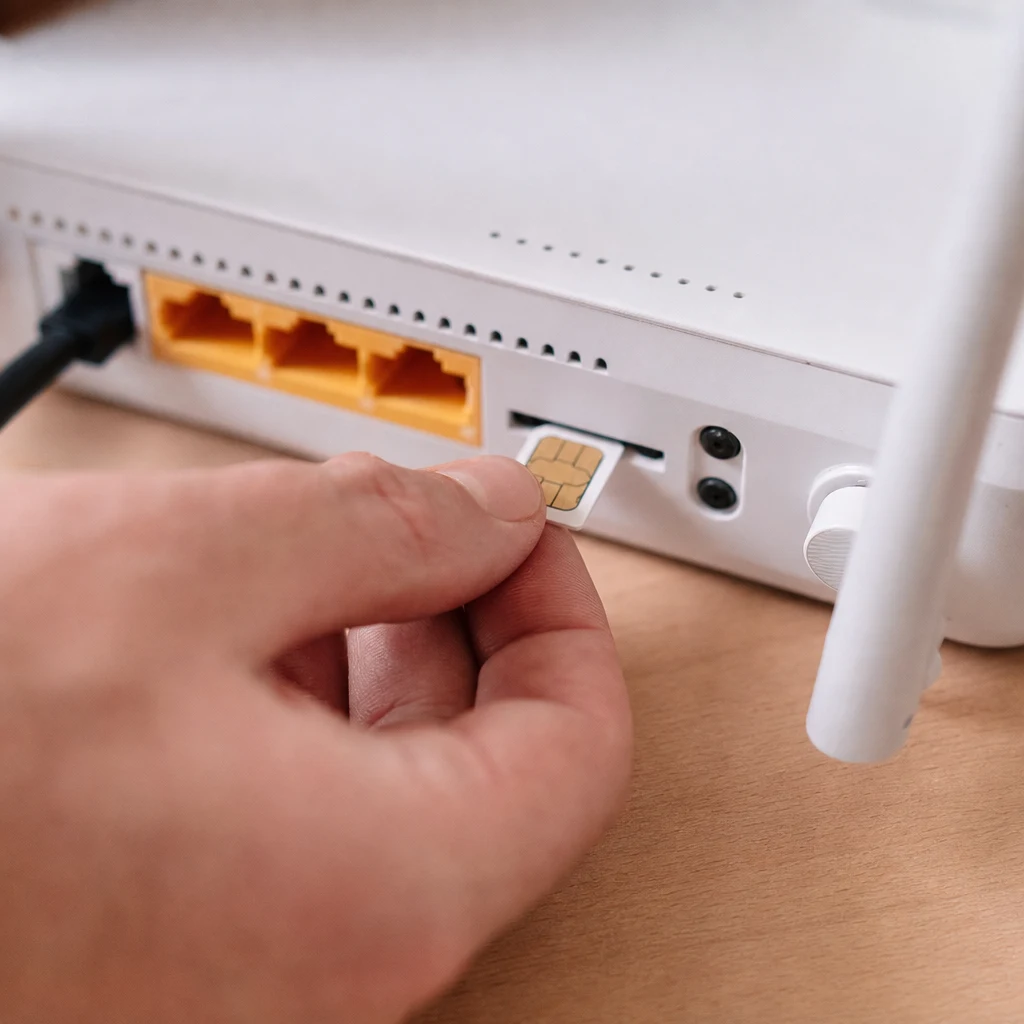 Hand som sätter in SIM-kort i en stationär router