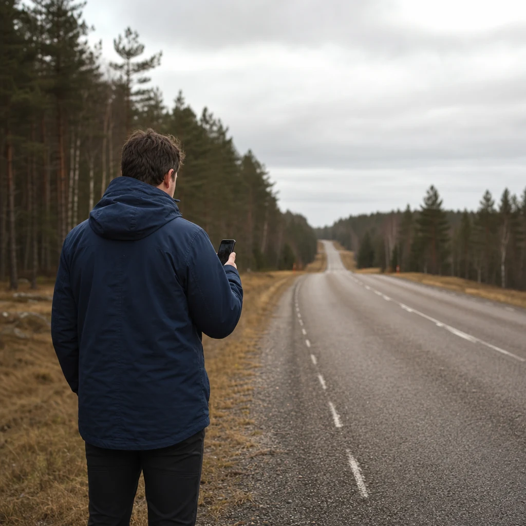 Person kollar mobiltäckning ute i svensk natur