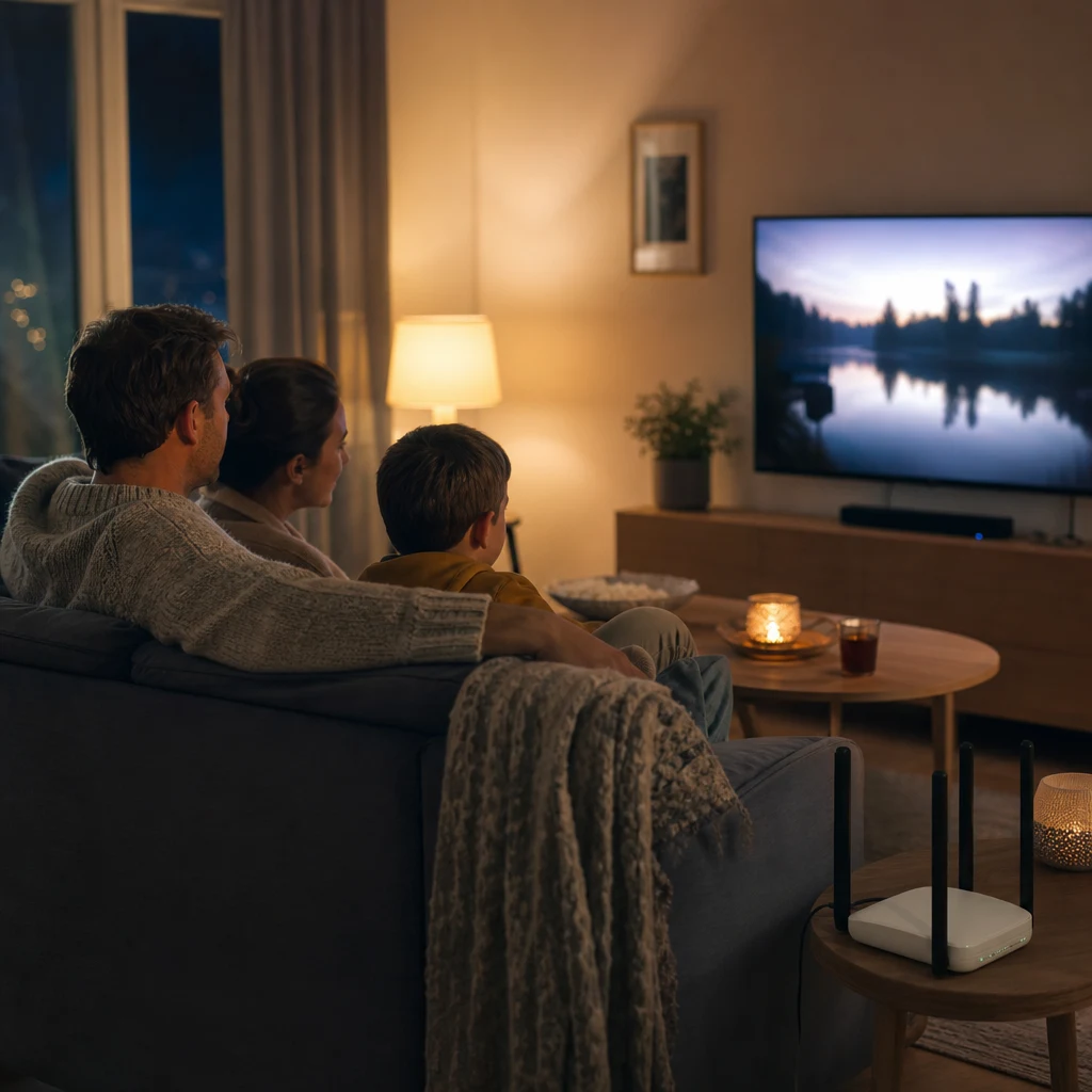 Familj i vardagsrum med streaming och stationär router