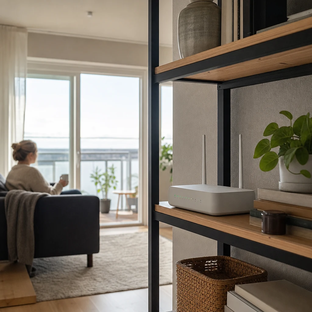 Modern lägenhet med router synlig på bokhylla