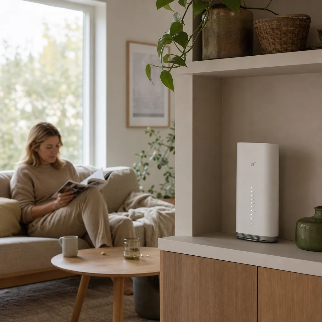 Modern 5G-router i skandinaviskt vardagsrum