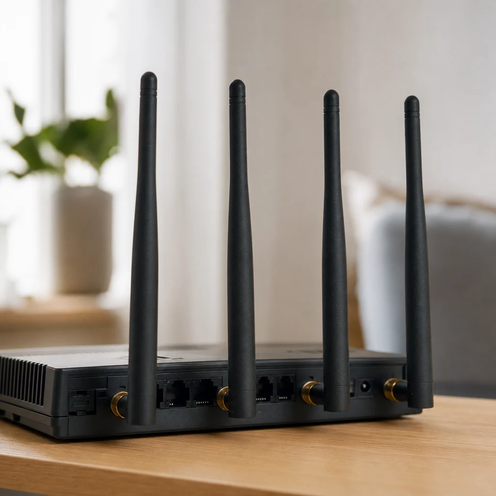 Närbild på router med fyra externa antennuttag