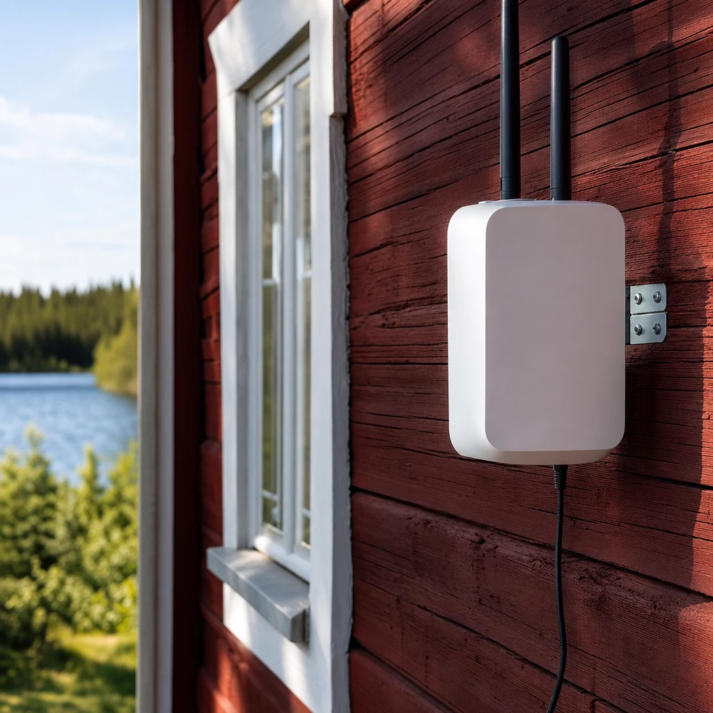 Vit utomhusrouter monterad på röd timmerstuga